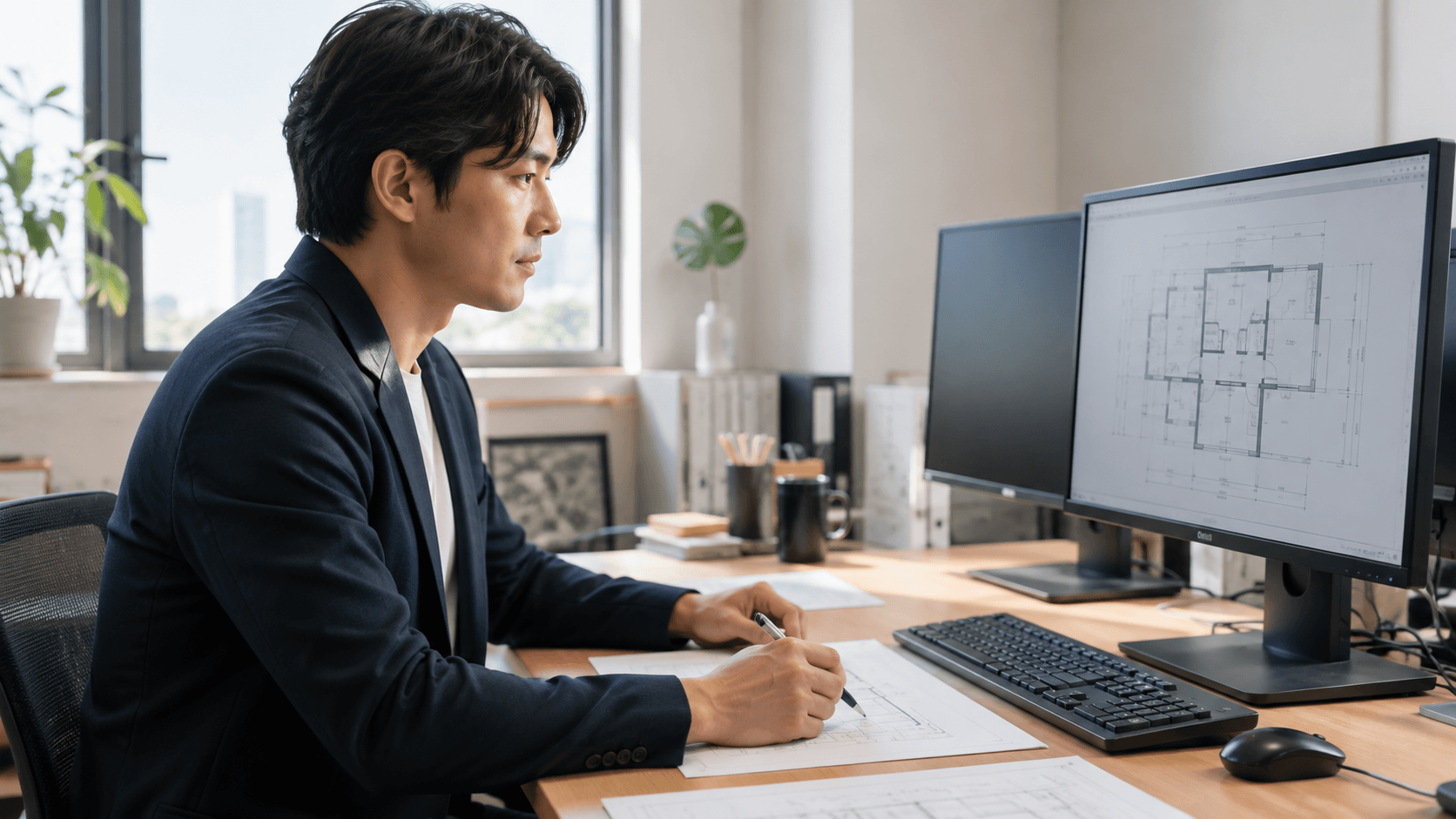 帰社後に図面作成を行うスタッフ