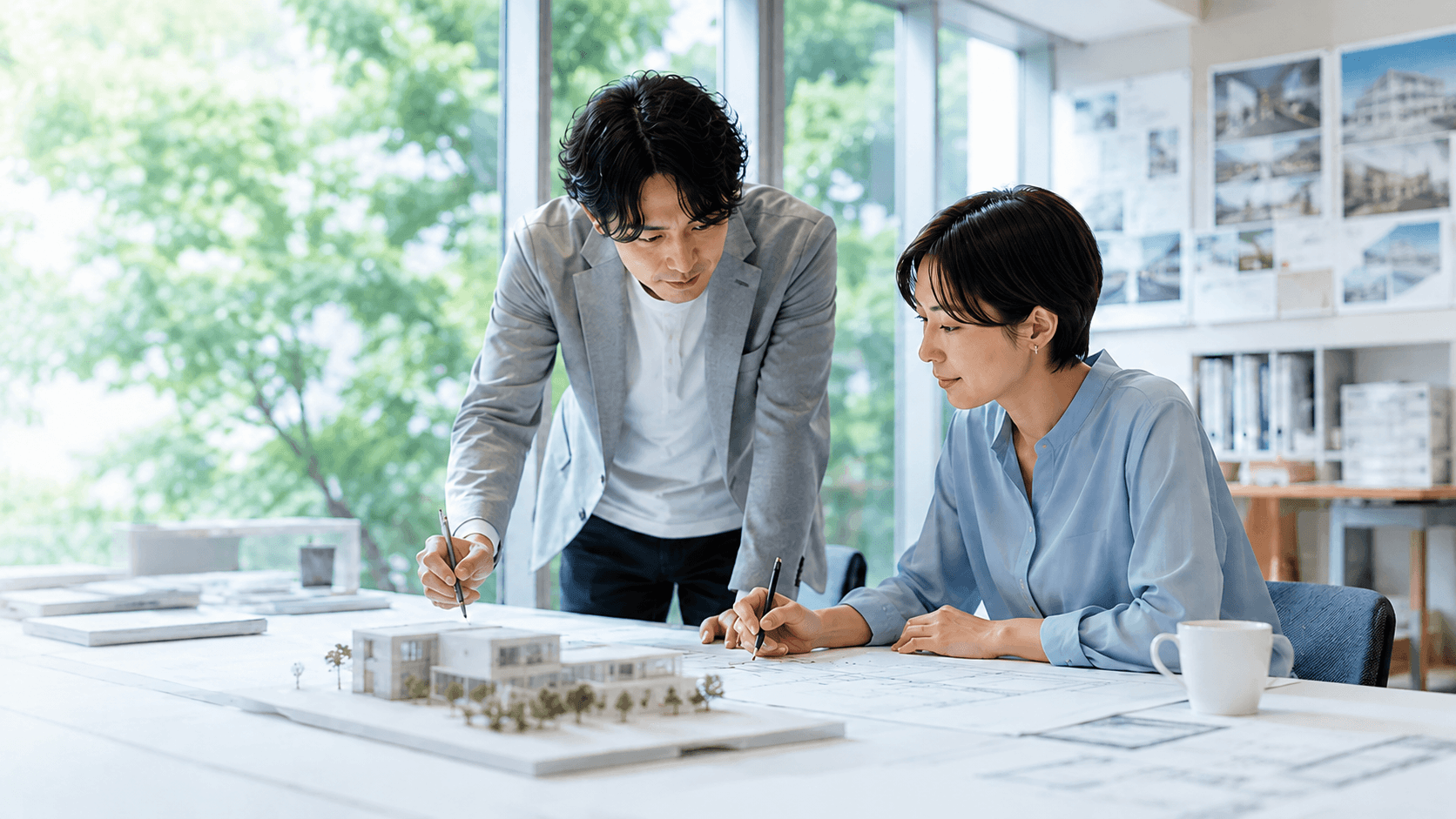 設計図を囲んで打ち合わせをする溜谷設計のスタッフ