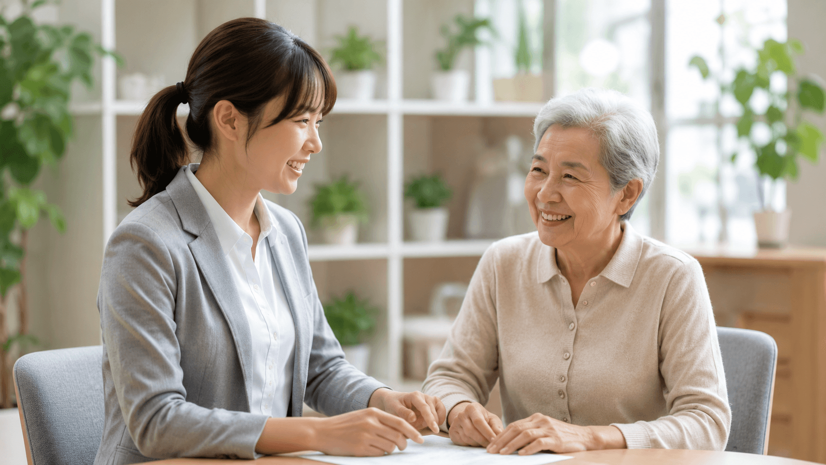 福祉施設で会話するスタッフと利用者