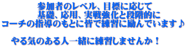 　　　　参加者のレベル、目標に応じて 　　　　基礎、応用、実戦強化と段階的に コーチの指導のもとに皆で練習に励んでいます♪  　やる気のある人一緒に練習しませんか！