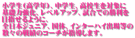 ���w��(���w�N)�A���w���A���Z����Ώۂ� ��b�͋����A���x���A�b�v�A�����ł̏����� �ڎw����悤�ɁA �S���{�W���j�A�A���́A�C���^�[�n�C�o�ꓙ�� ���X�̐�т̃R�[�`���w�����܂��B