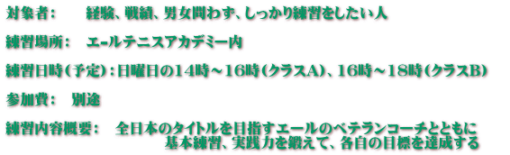 対象者：　　経験、戦績、男女問わず、しっかり練習をしたい人  練習場所：　エ-ルテニスアカデミー内  練習日時(予定)：日曜日の14時～16時(クラスA)、16時～18時(クラスB）　  参加費：　別途  練習内容概要：　全日本のタイトルを目指すエールのベテランコーチとともに 　　　　　　　　　　　基本練習、実践力を鍛えて、各自の目標を達成する