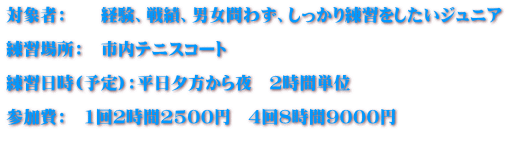 �ΏێҁF�@�@�o���A��сA�j����킸�A����������K���������W���j�A  ���K�ꏊ�F�@�s���e�j�X�R�[�g  ���K����(�\��)�F�����[�������@2���ԒP��  �Q����F�@1��2����2500�~�@4��8����9000�~ 